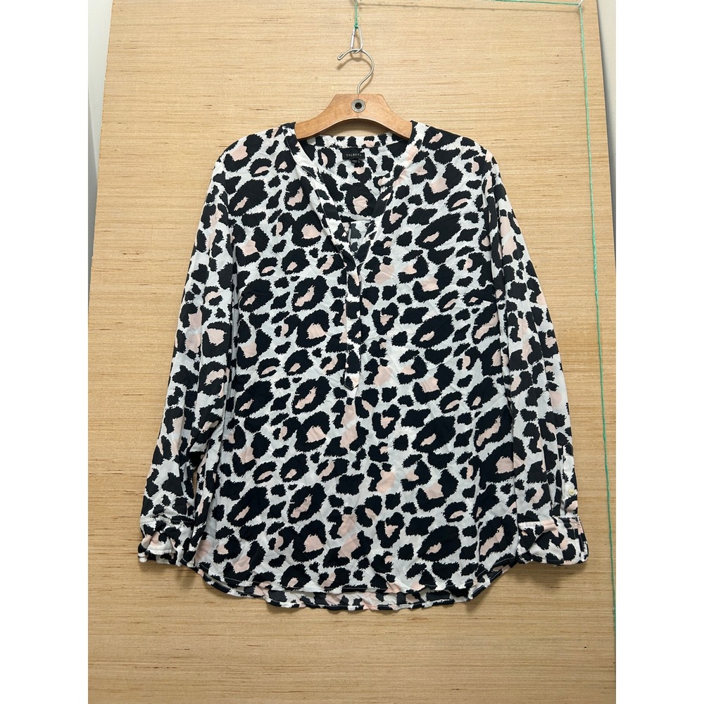 Talbots Womens Large Leopard Print Split V-Neck Long Sleeve Blouse Black Pink